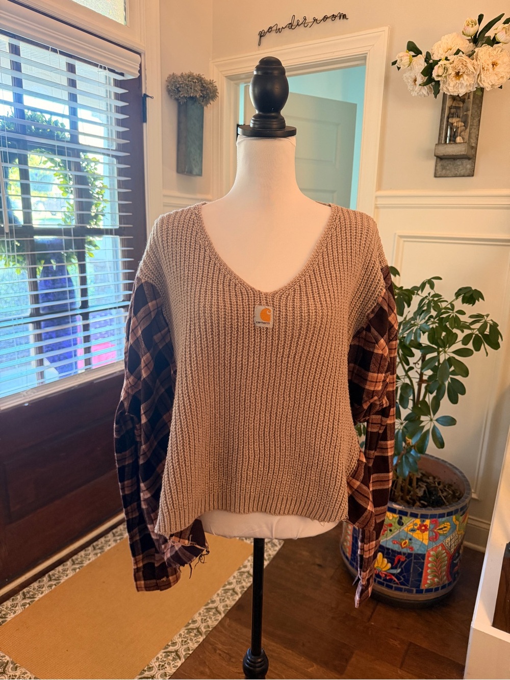 Upcycled Carhartt Women’s Tan V‑Neck Knit Sweater with Brown/Pink Plaid Sleeves